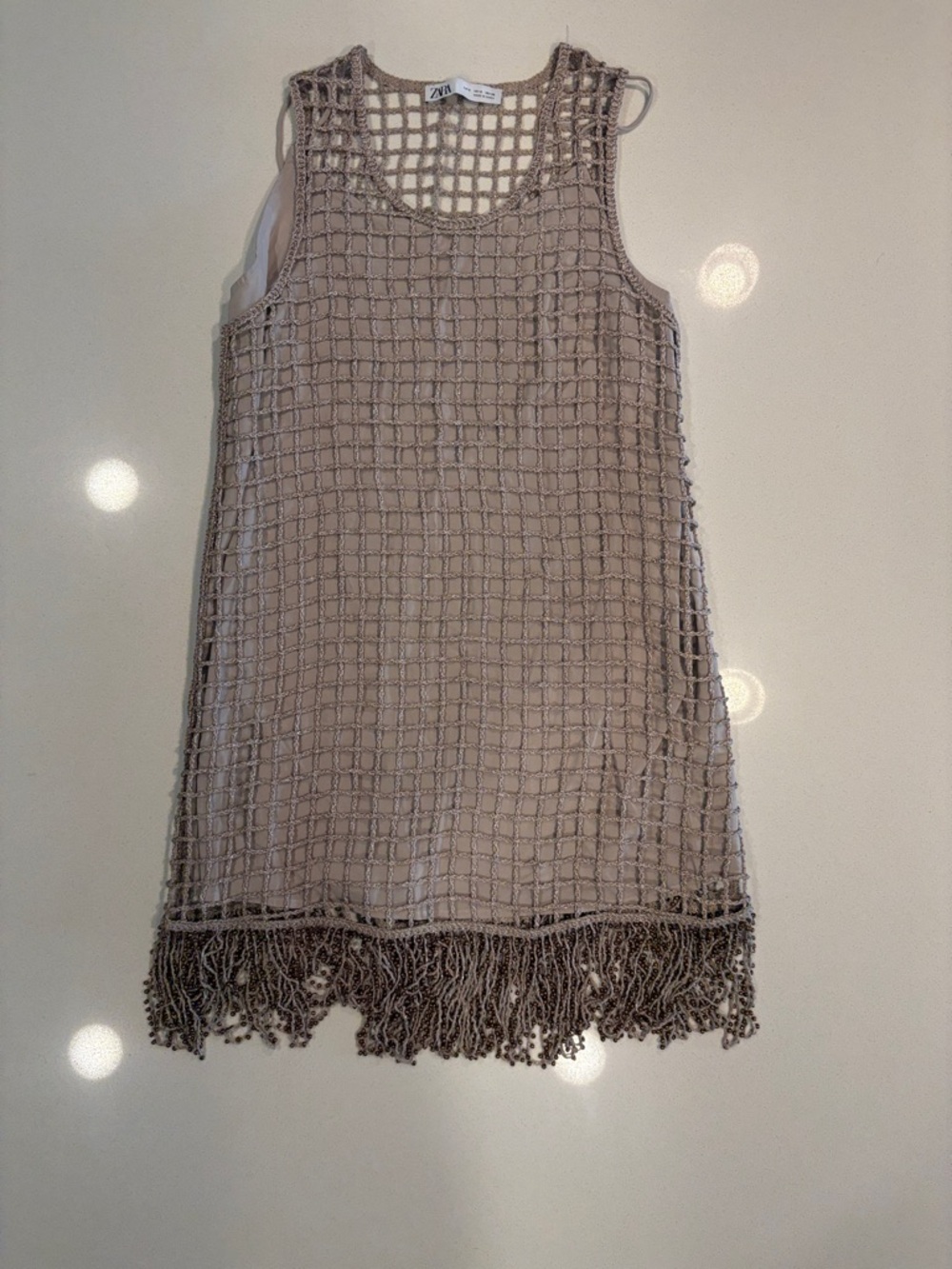 Zara Taupe Crochet Fringe Mini Dress